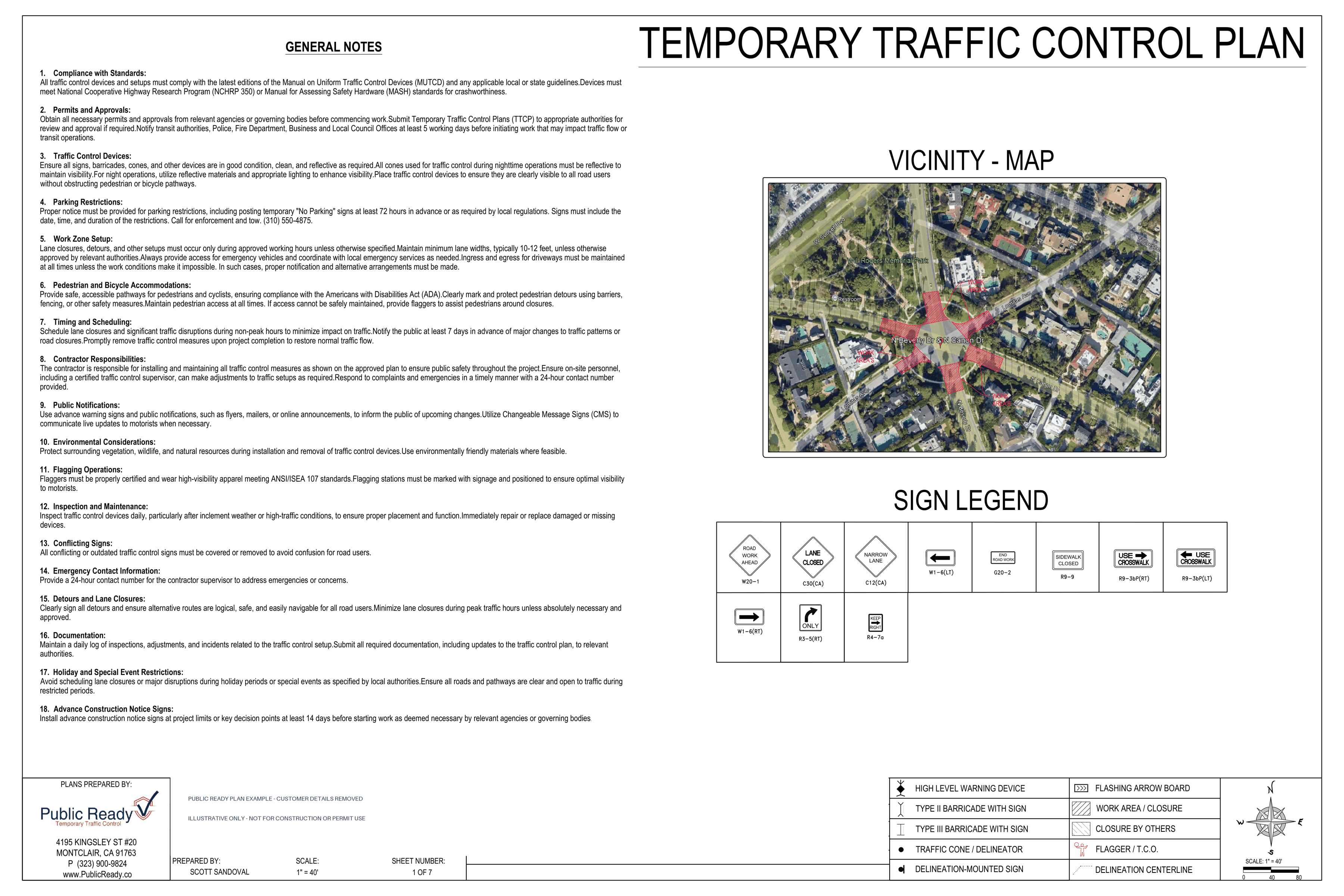 Beverly Hills phased traffic control plan drafted by Public Ready - General notes, vicinity map, and sign legend; customer details removed