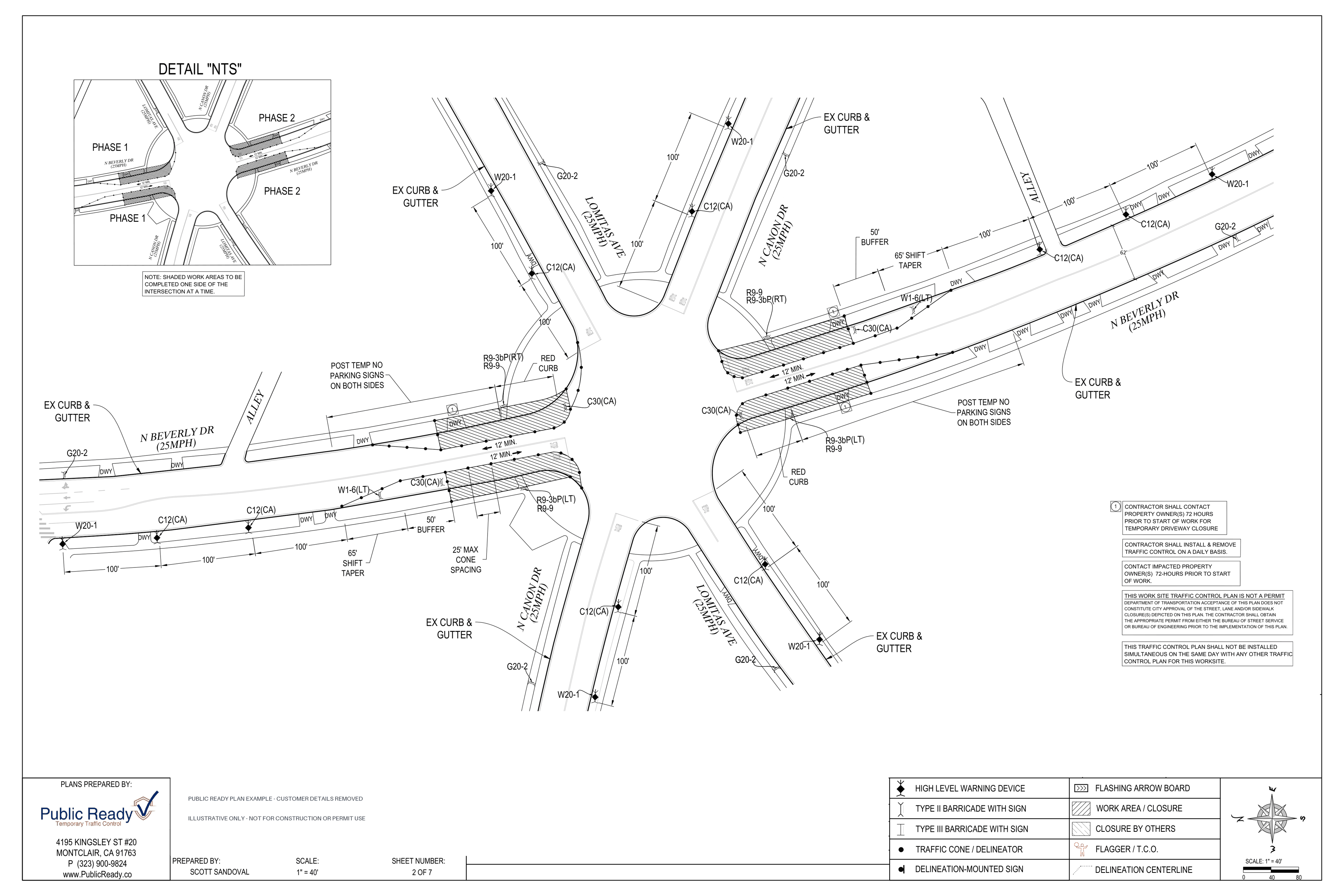 Public Ready phased traffic control plan example in Beverly Hills with customer information removed