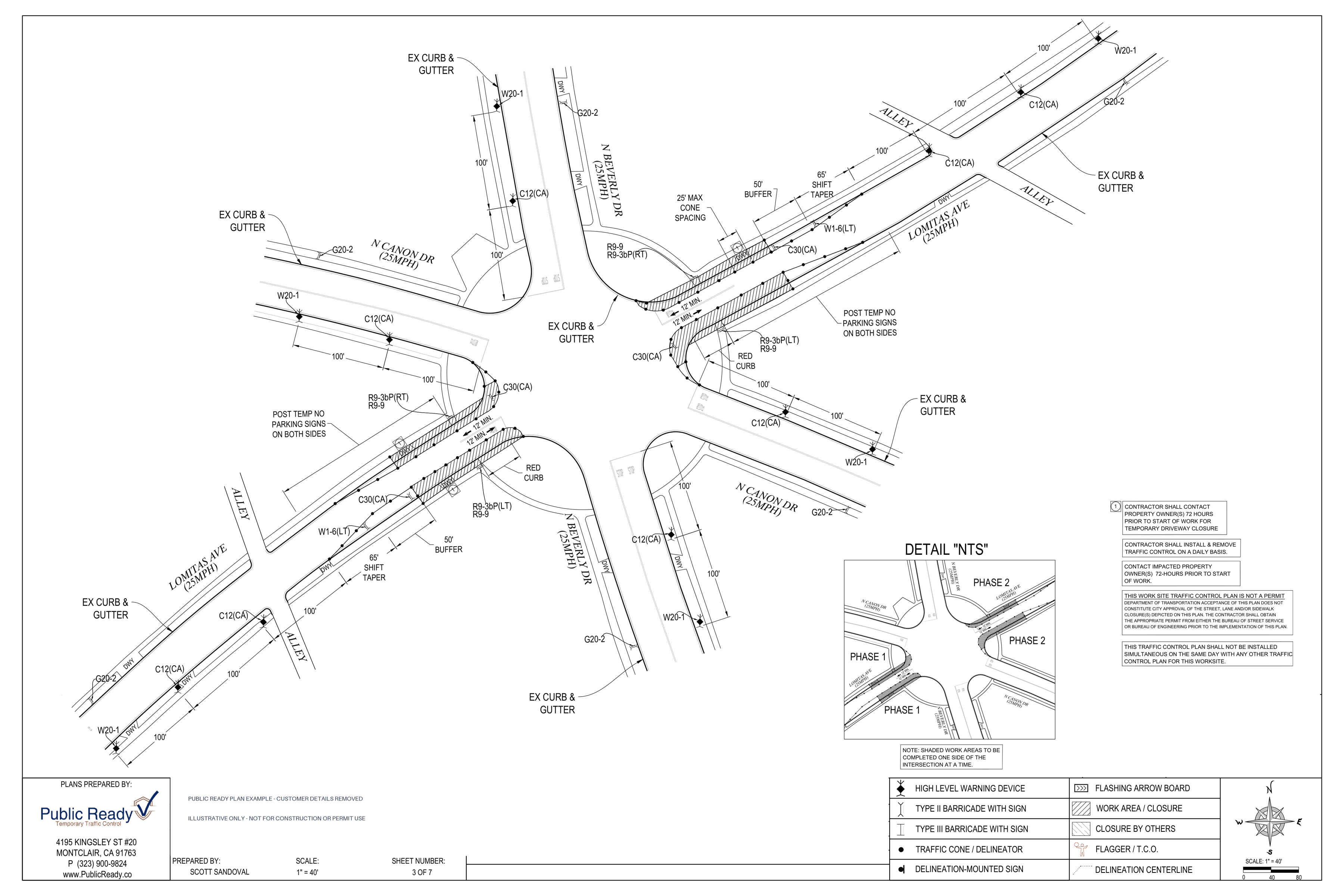 Beverly Hills phased traffic control plan drafted by Public Ready - Phased traffic control layout - original sheet 3 of 7; customer details removed