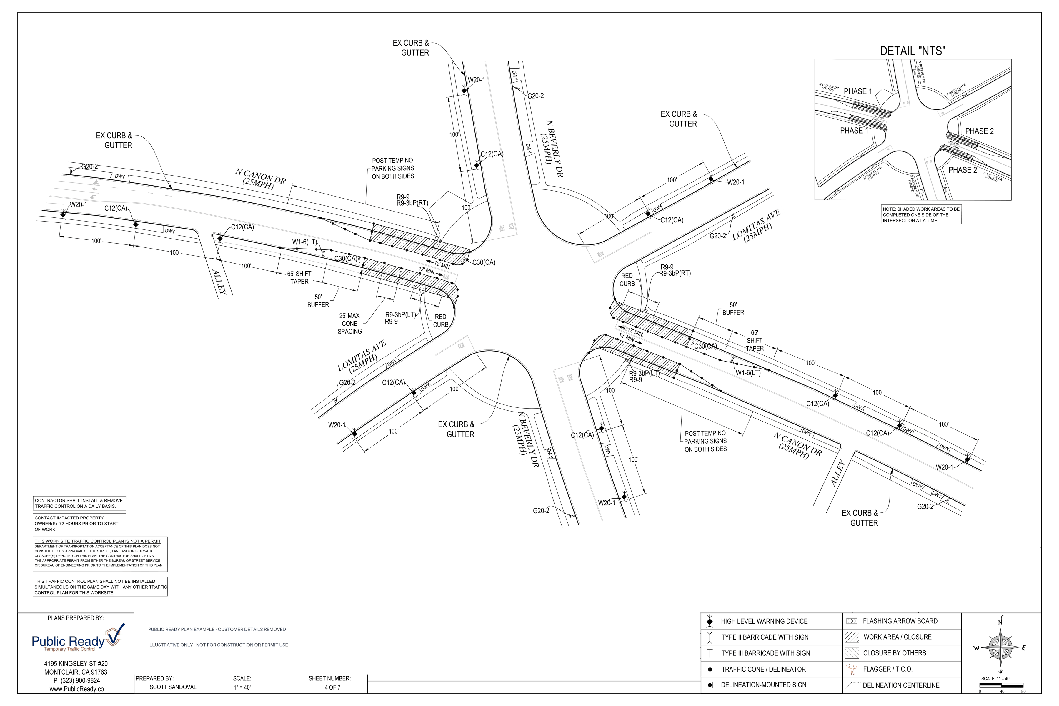 Beverly Hills phased traffic control plan drafted by Public Ready - Phased traffic control layout - original sheet 4 of 7; customer details removed