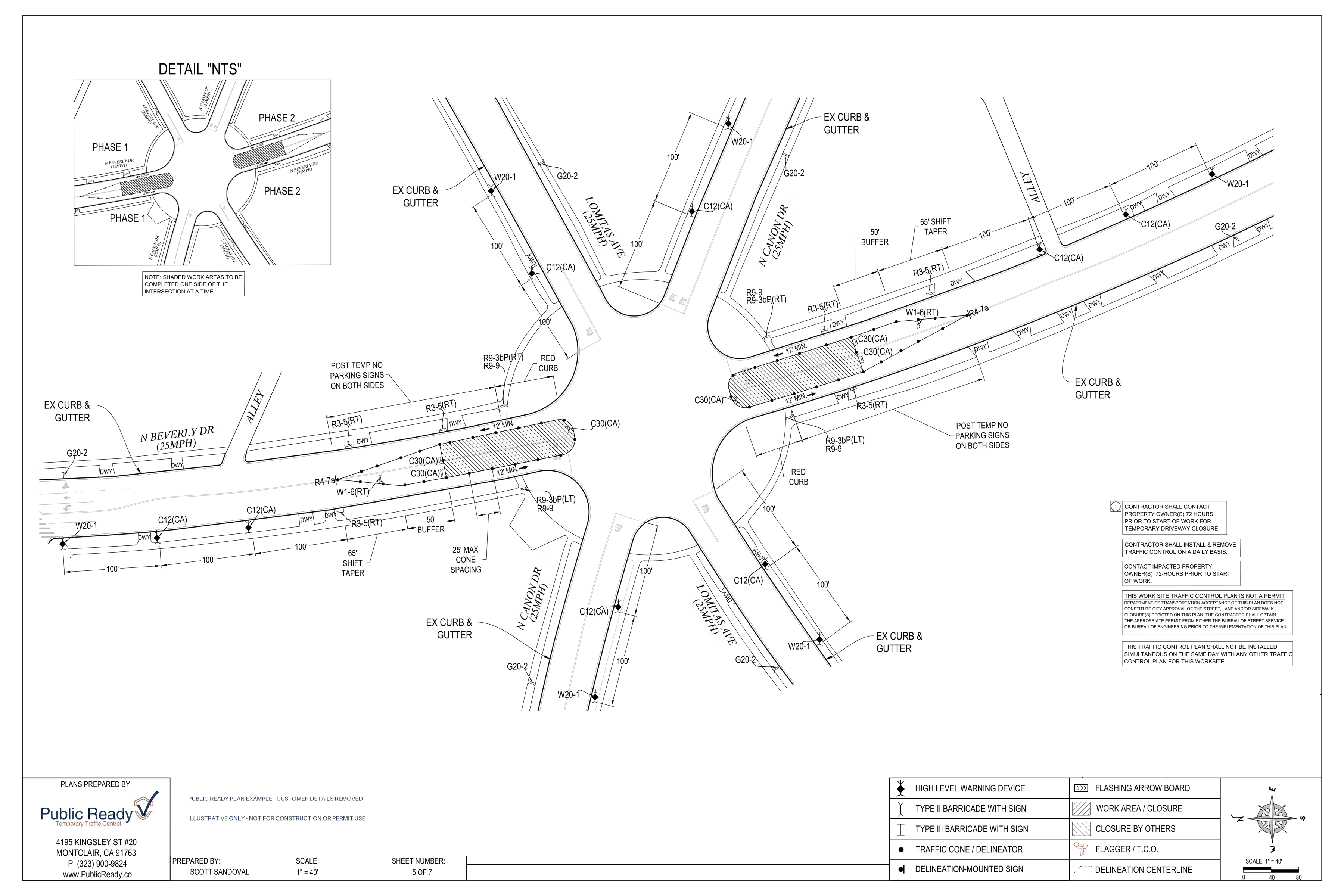 Beverly Hills phased traffic control plan drafted by Public Ready - Phased traffic control layout - original sheet 5 of 7; customer details removed