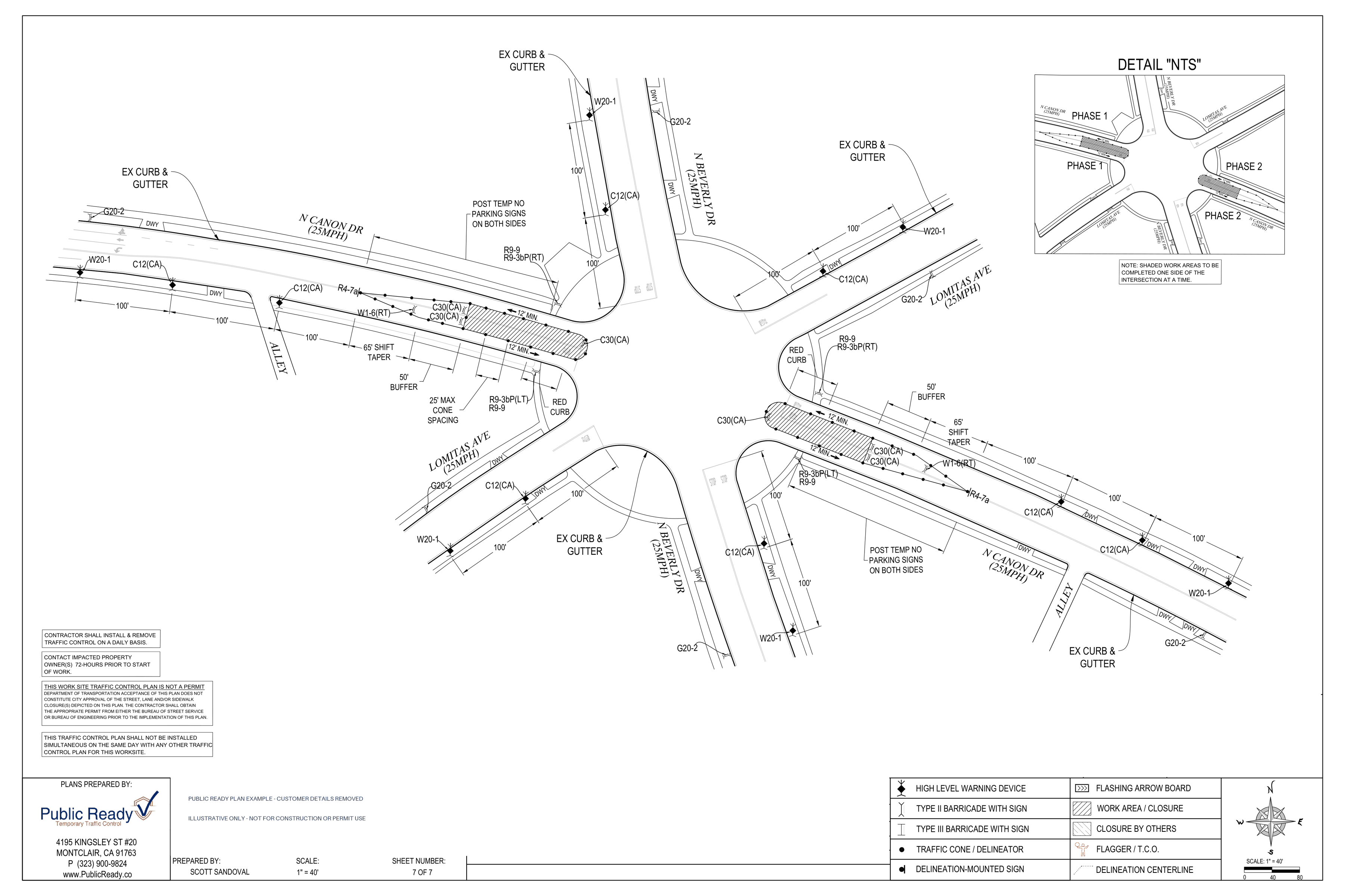 Beverly Hills phased traffic control plan drafted by Public Ready - Phased traffic control layout - original sheet 7 of 7; customer details removed