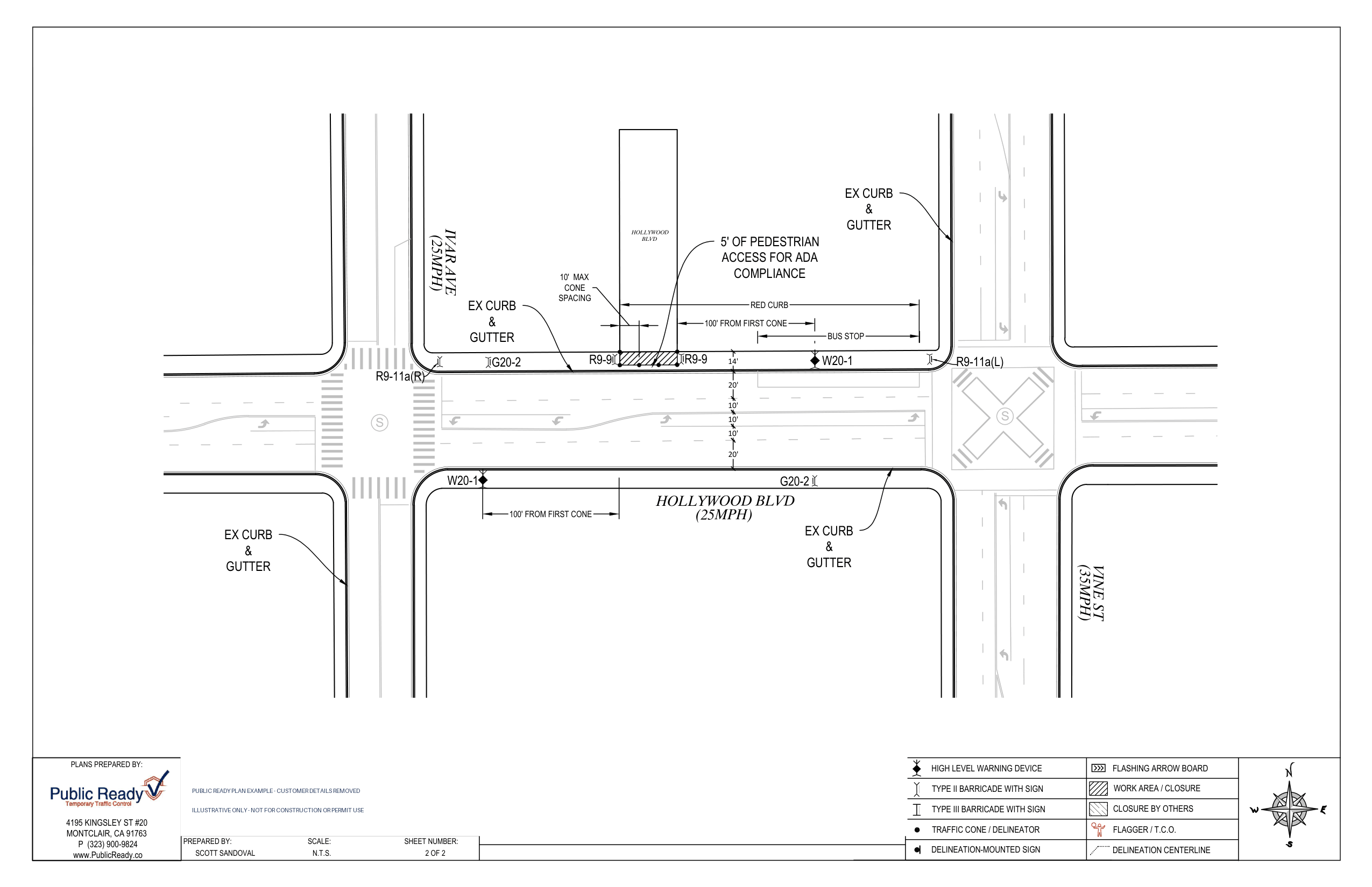 Public Ready sidewalk closure plan example in Los Angeles with customer information removed