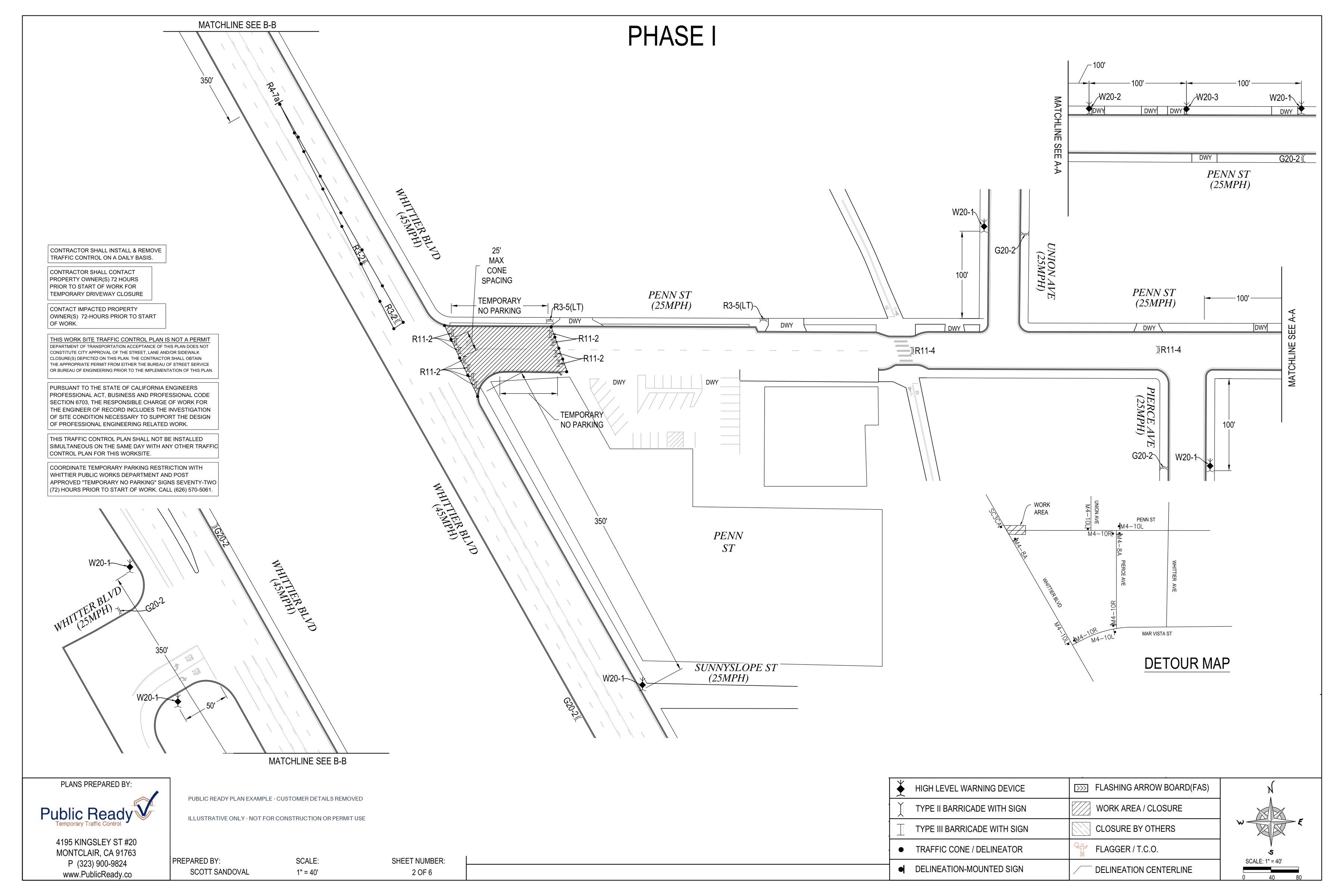 Public Ready road closure plan example in Whittier with customer information removed