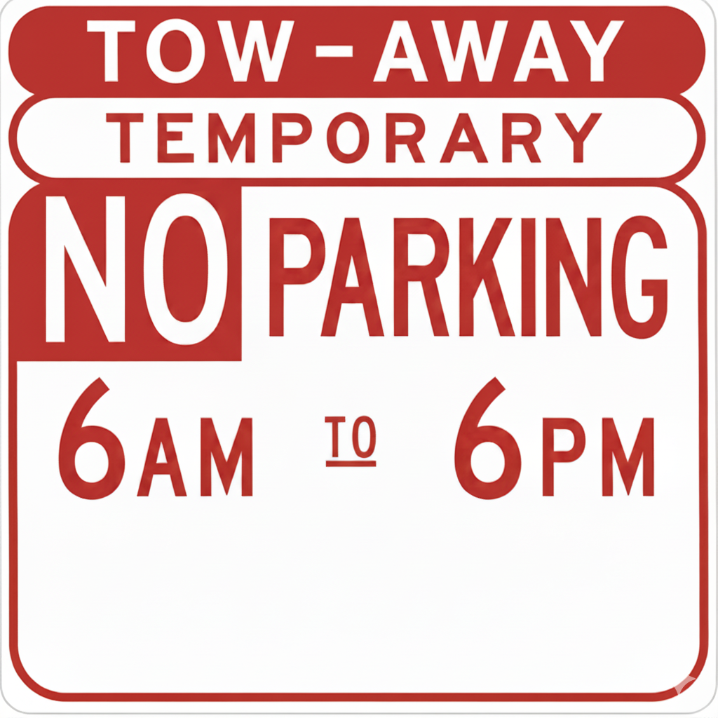 Example tow-away temporary no parking sign showing 6 AM to 6 PM
